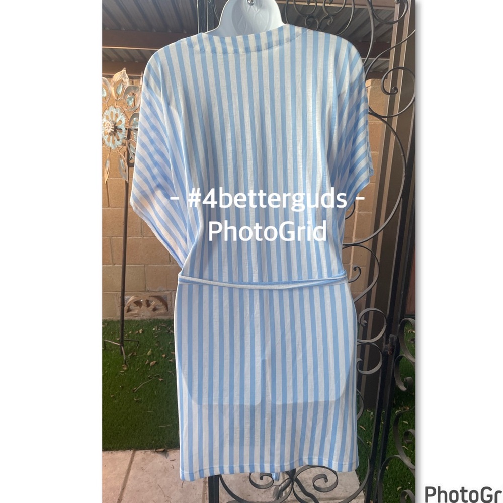 H&M Striped V-Neck Tunic Belted Tie Waist Swimsuit Cover Up Very Oversized MD - Picture 7 of 15